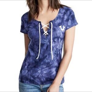 NWT True Religion True Navy Tie Dye Horseshoe Lace Up Tee Size Large